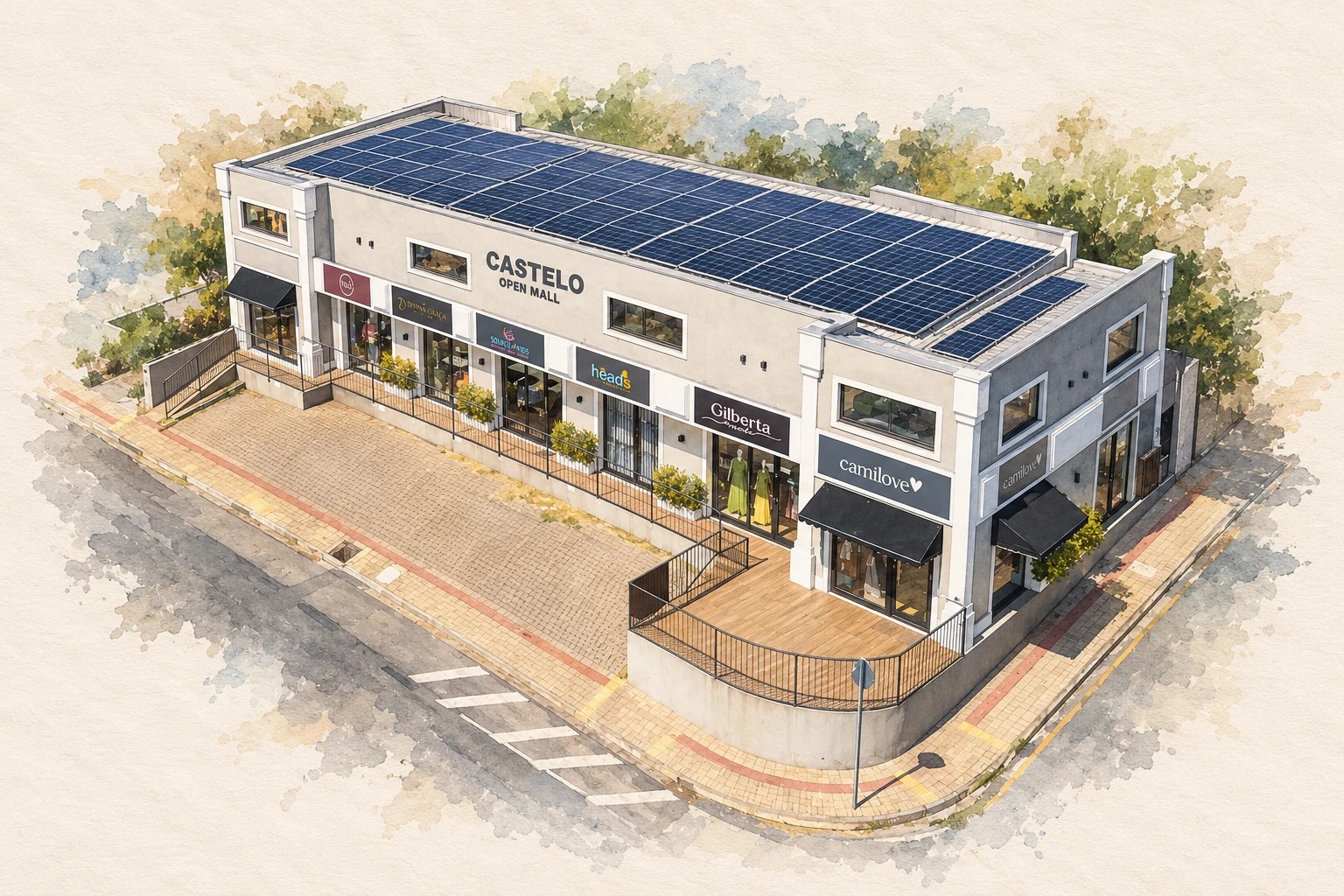 Aquarela do Castelo Open Mall com painéis solares no telhado